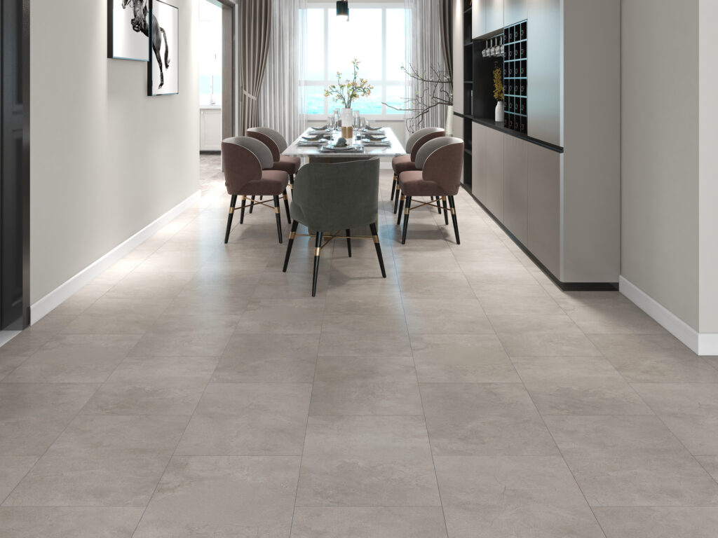 Lichtbeige betonlook vloertegels in moderne eetruimte