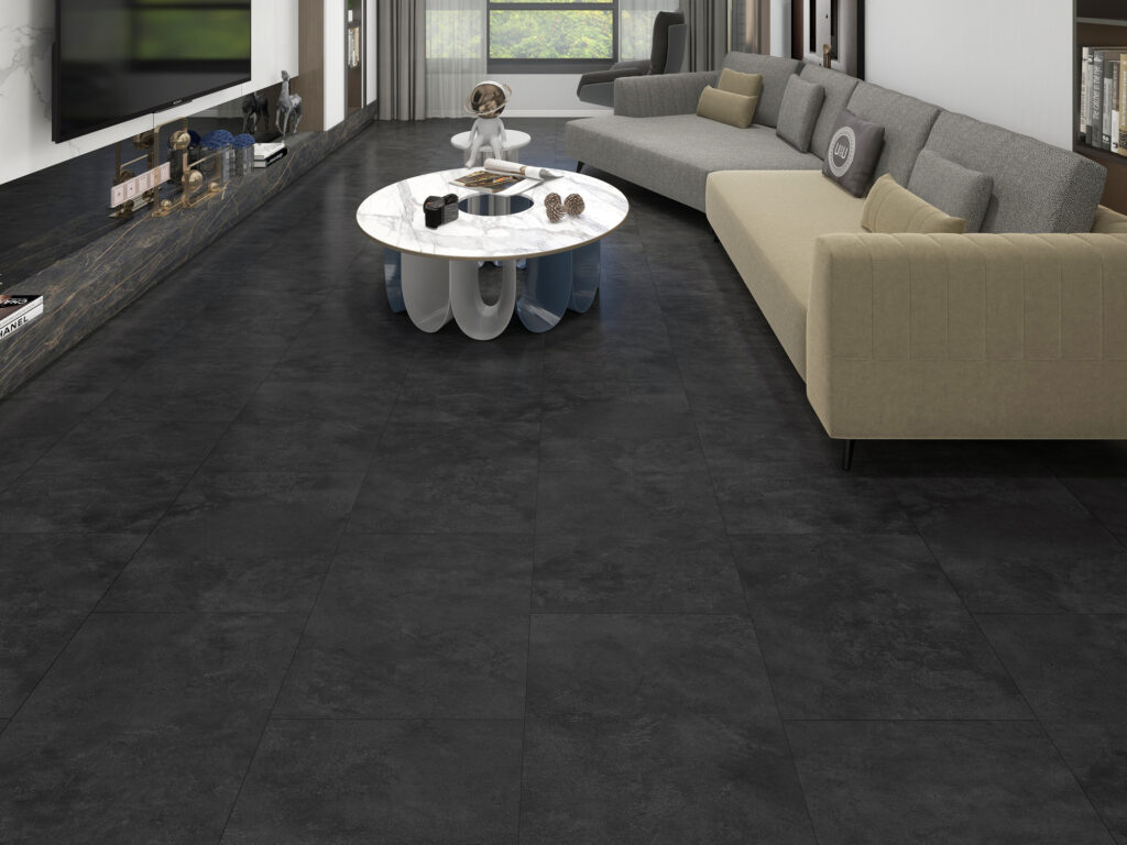 Donkere betonlook vloertegels in moderne woonkamer