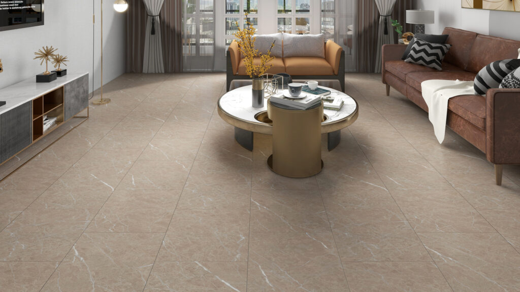 Beige marmerlook vloertegels in moderne woonkamer