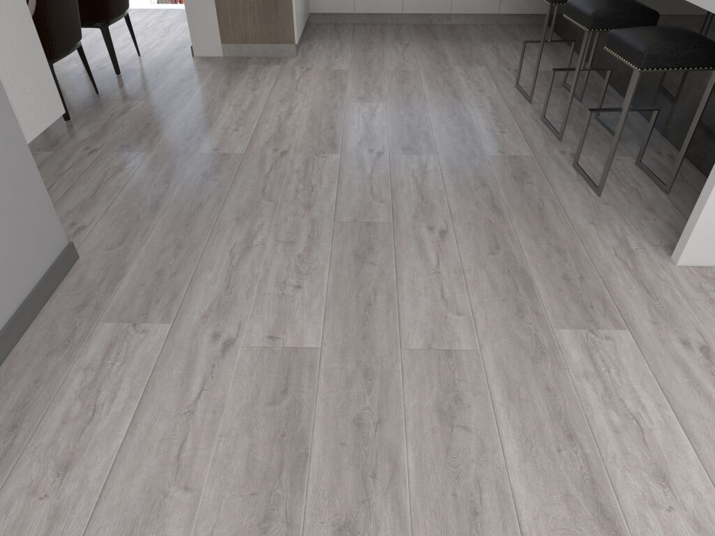 PVC vloer met grijze houtlook in moderne keuken