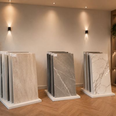Wand- en vloertegels in marmerlook in de showroom van Butun